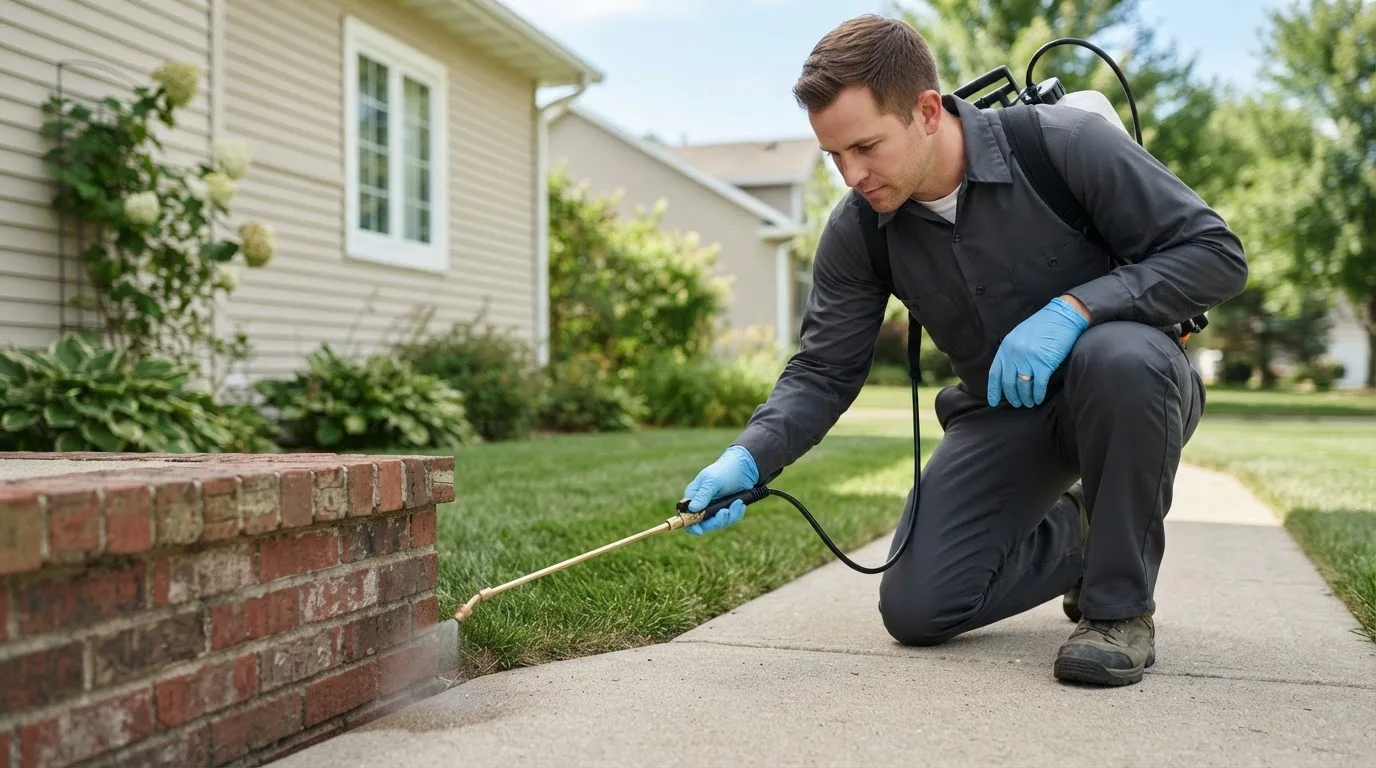 Pest control technician treating a home near Millbury, MA